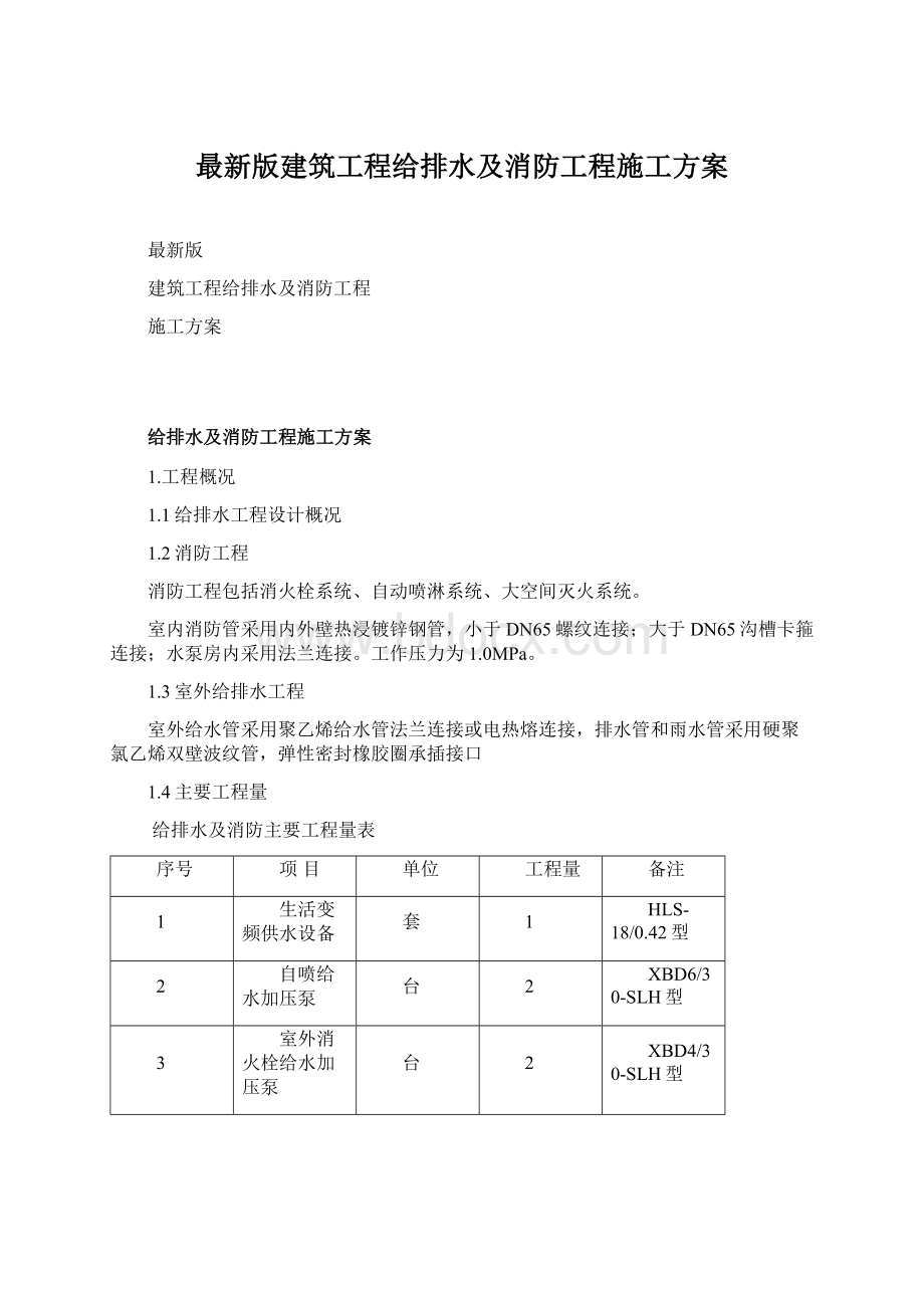 最新版建筑工程给排水及消防工程施工方案Word下载.docx_第1页