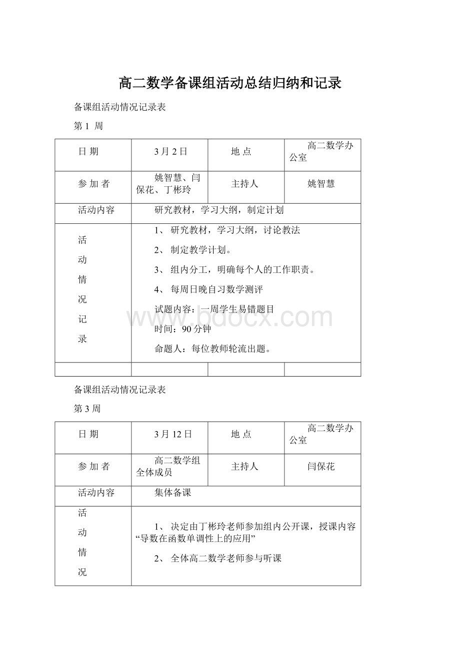 高二数学备课组活动总结归纳和记录Word格式.docx_第1页