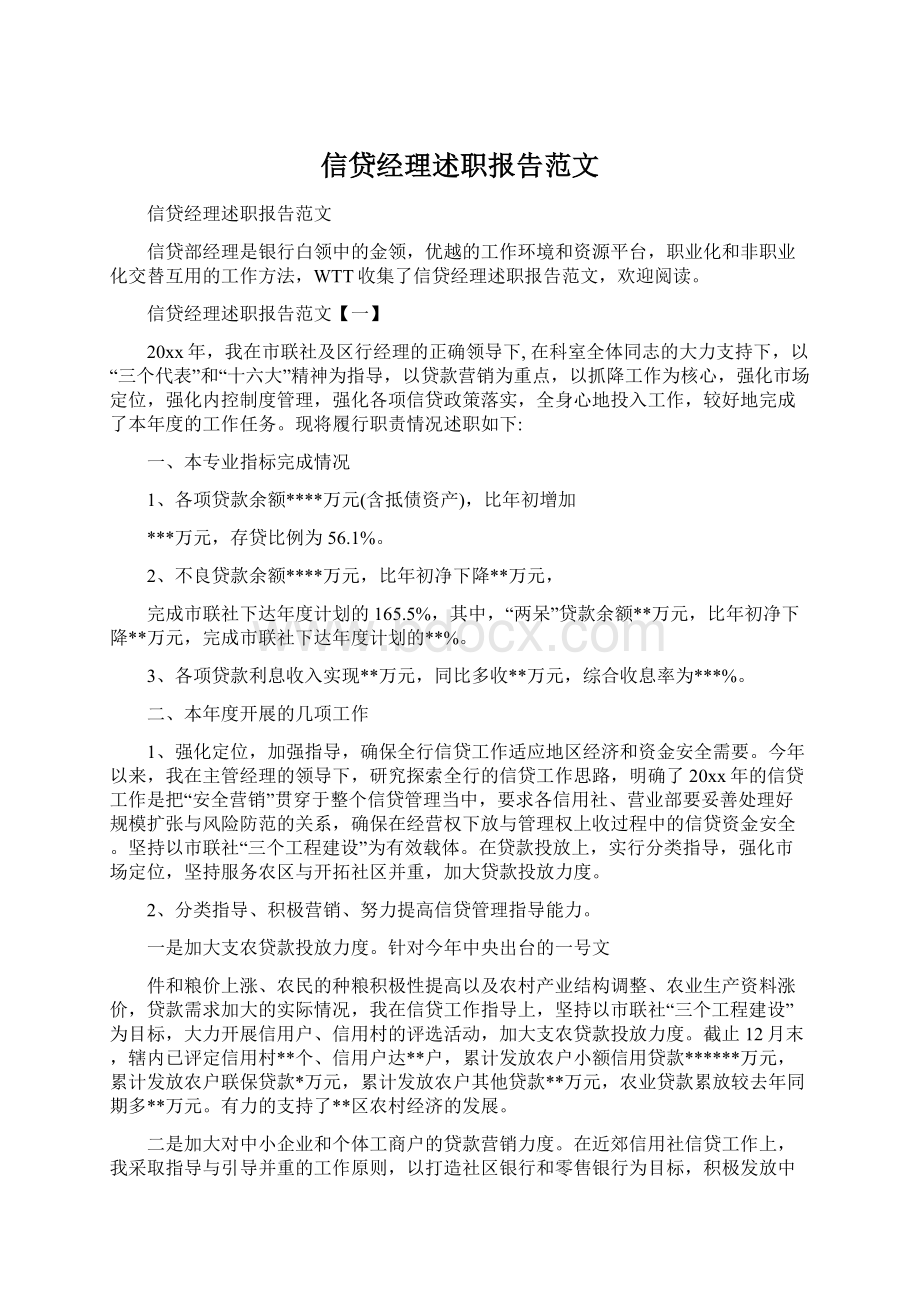 信贷经理述职报告范文文档格式.docx_第1页