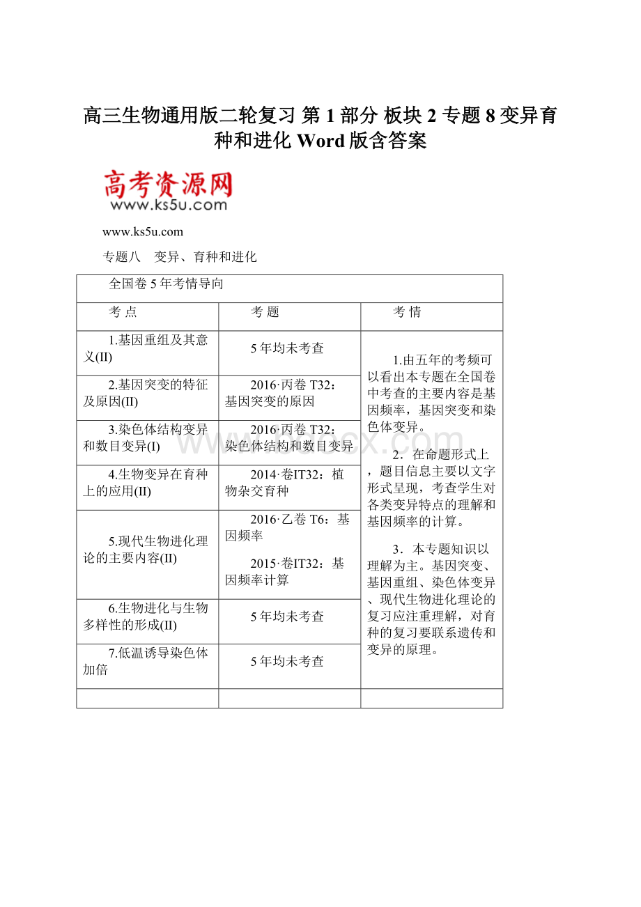 高三生物通用版二轮复习 第1部分 板块2 专题8 变异育种和进化 Word版含答案文档格式.docx_第1页