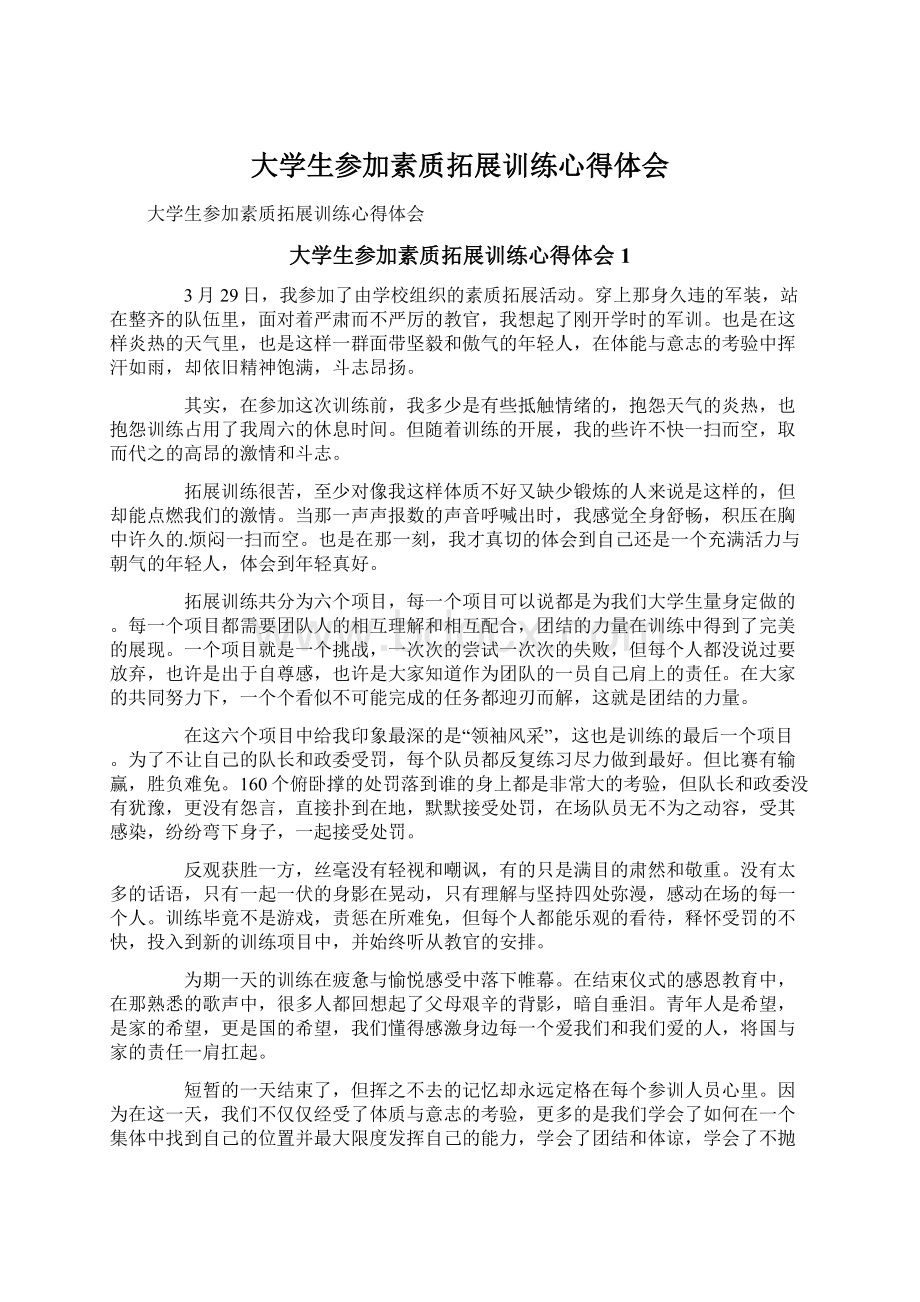 大学生参加素质拓展训练心得体会Word文件下载.docx