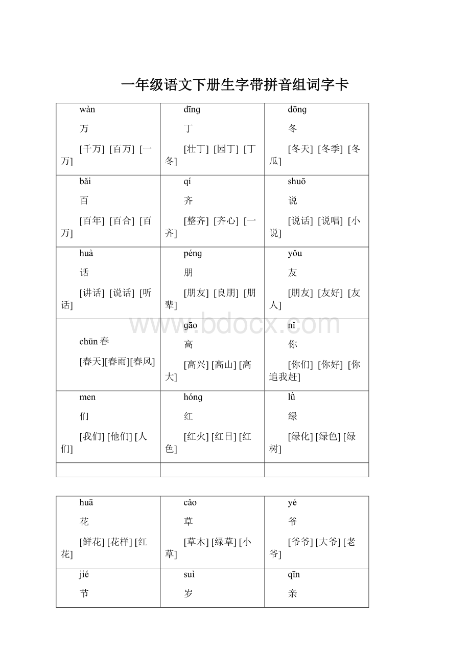 一年级语文下册生字带拼音组词字卡.docx