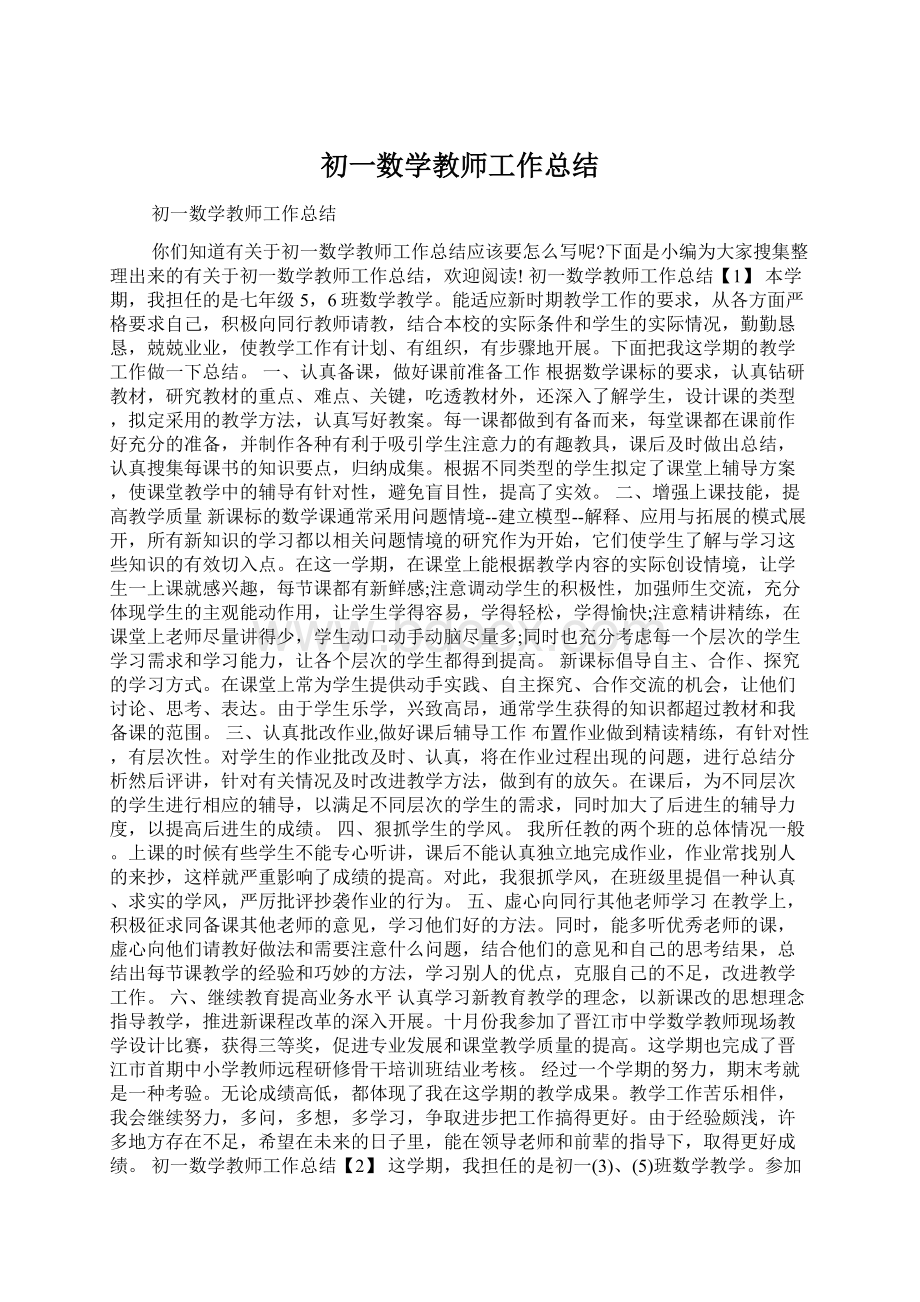 初一数学教师工作总结Word格式文档下载.docx