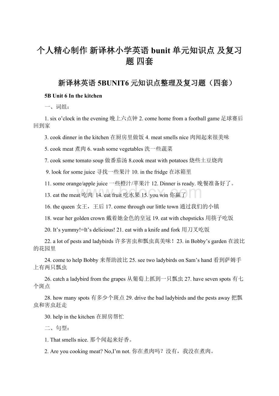 个人精心制作 新译林小学英语bunit 单元知识点 及复习题 四套文档格式.docx