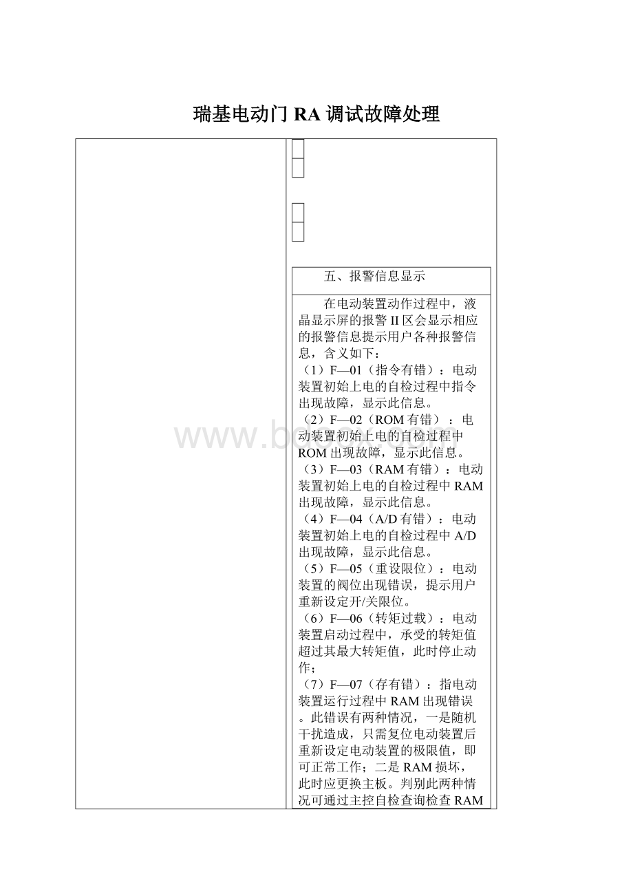 瑞基电动门RA调试故障处理Word文件下载.docx