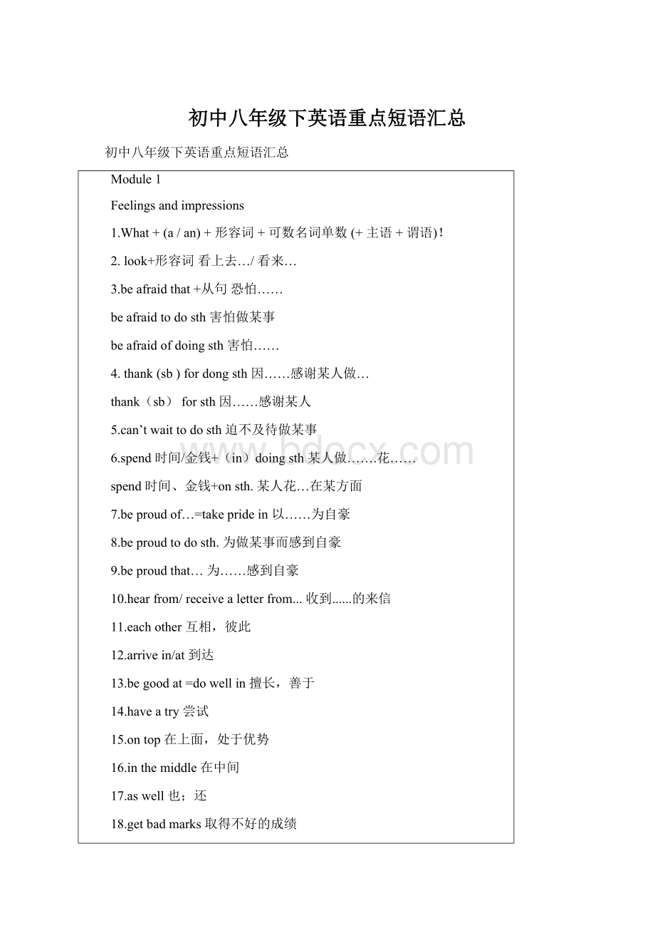 初中八年级下英语重点短语汇总.docx_第1页