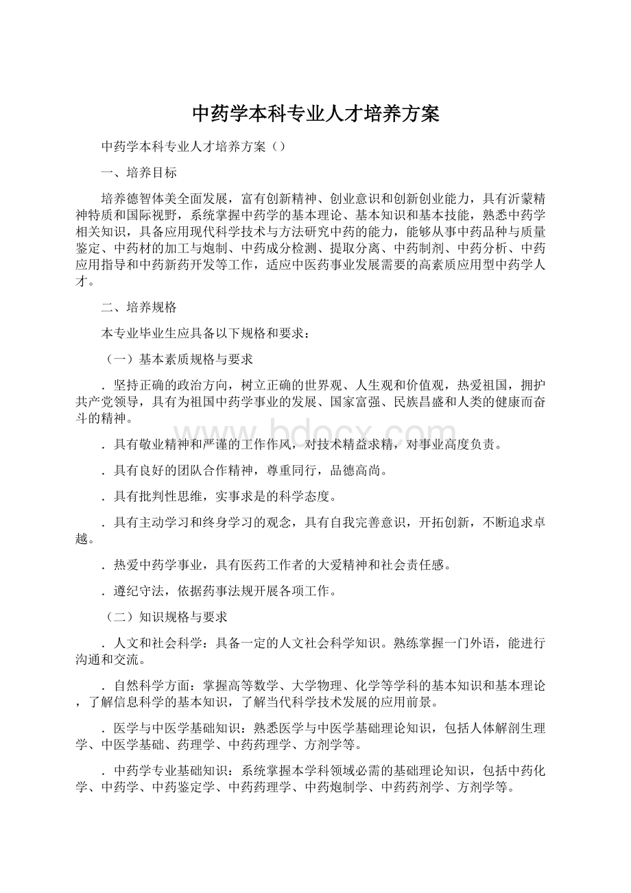 中药学本科专业人才培养方案Word文档格式.docx