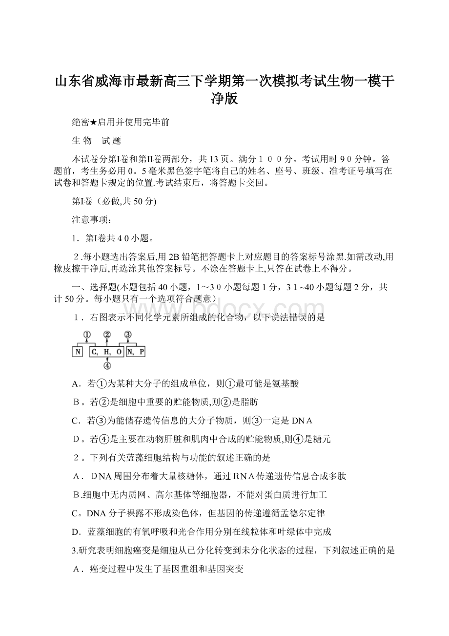 山东省威海市最新高三下学期第一次模拟考试生物一模干净版Word文档格式.docx