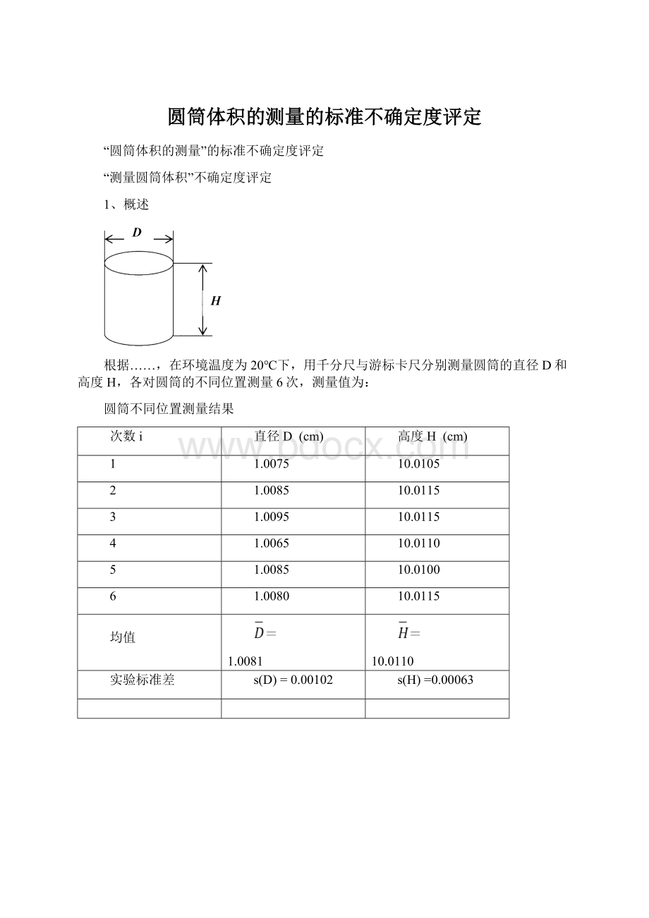 圆筒体积的测量的标准不确定度评定.docx