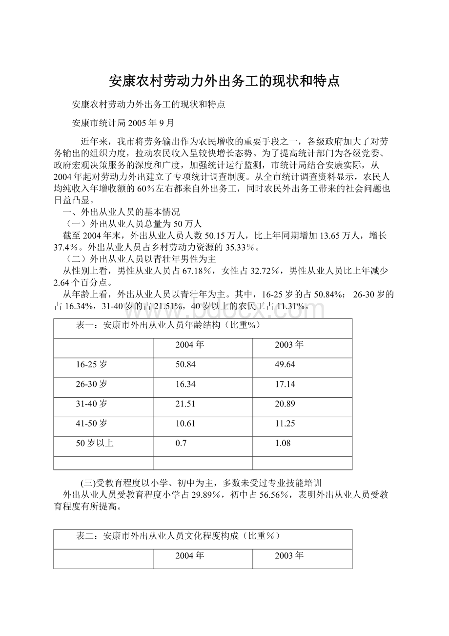 安康农村劳动力外出务工的现状和特点.docx_第1页