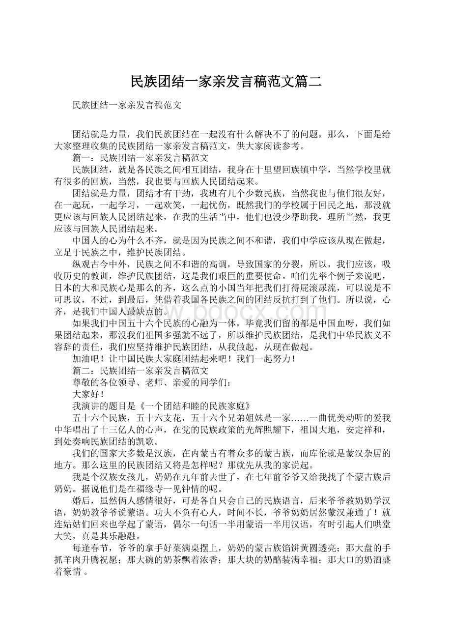 民族团结一家亲发言稿范文篇二文档格式.docx_第1页