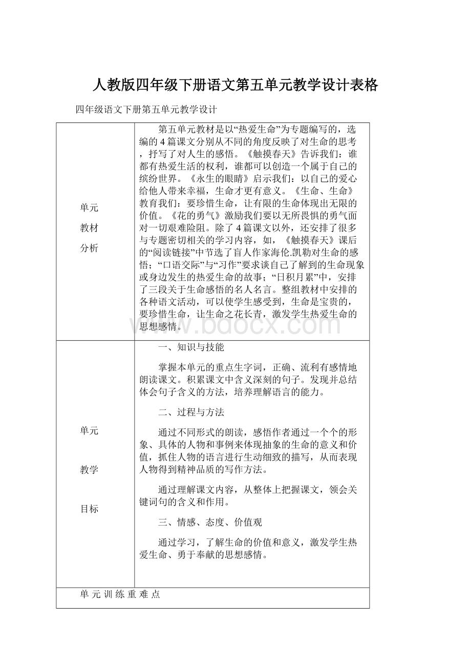 人教版四年级下册语文第五单元教学设计表格.docx_第1页