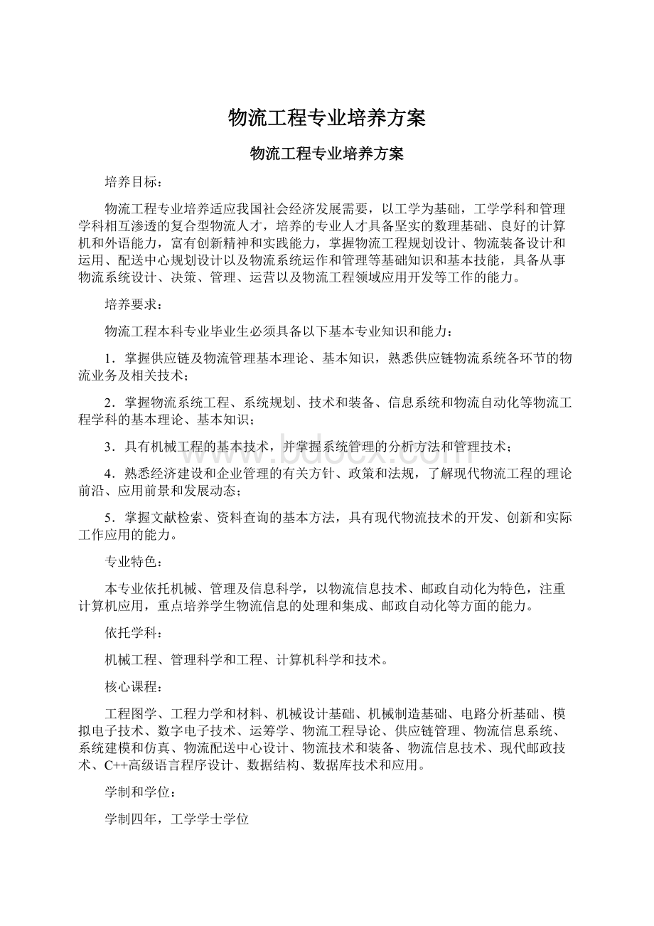 物流工程专业培养方案文档格式.docx