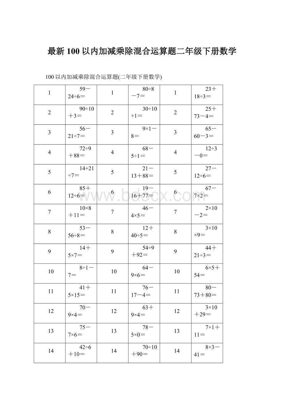 最新100以内加减乘除混合运算题二年级下册数学.docx_第1页