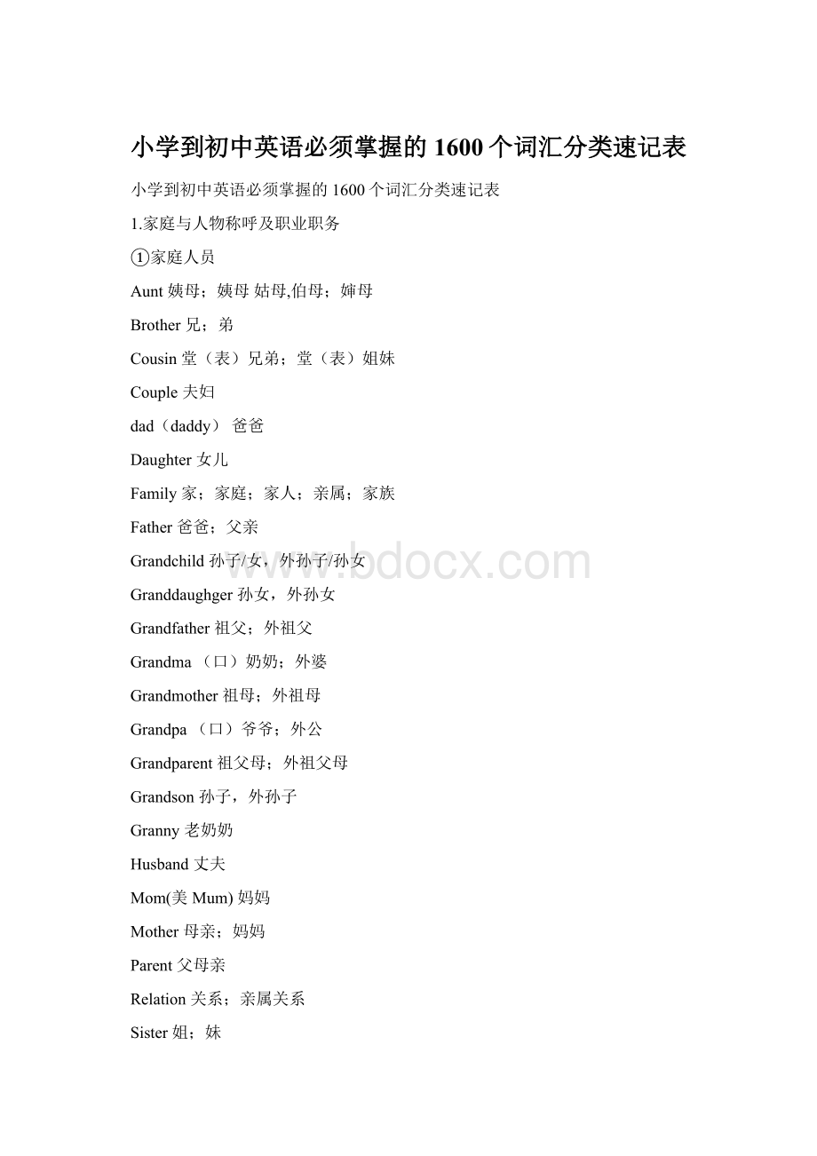 小学到初中英语必须掌握的1600个词汇分类速记表.docx_第1页