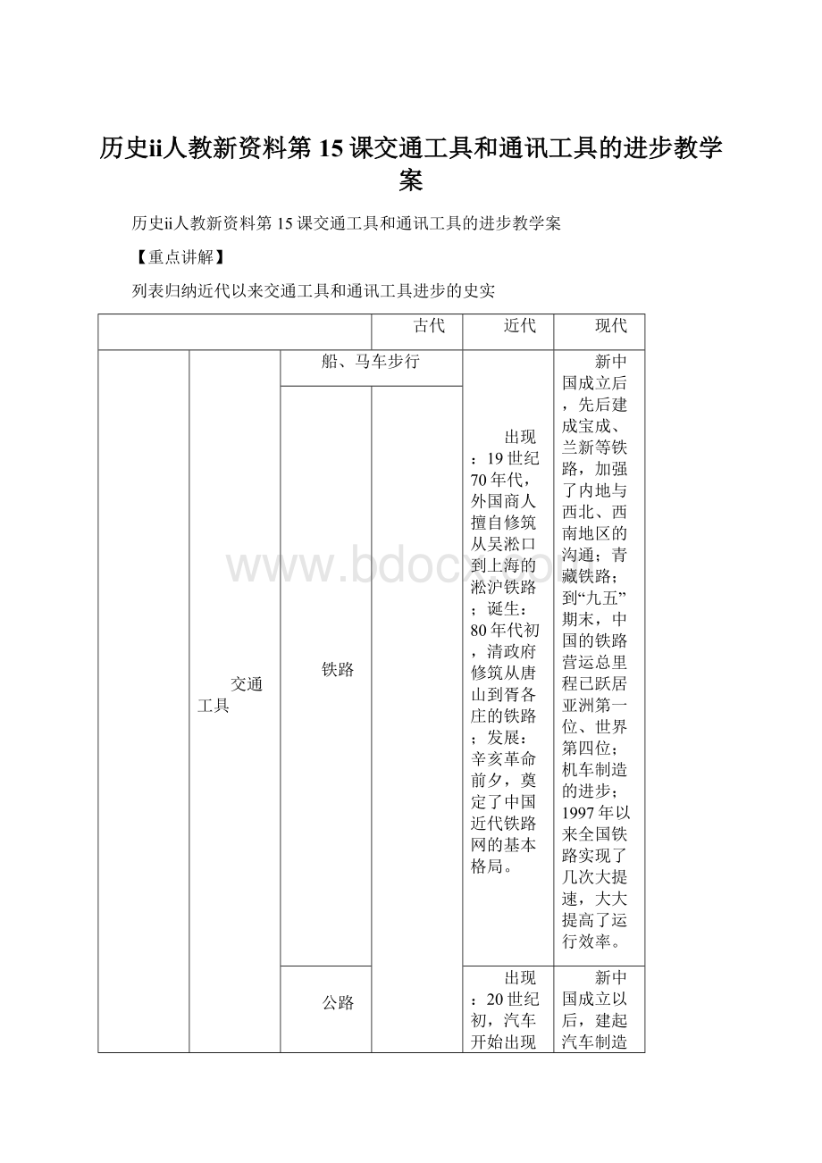 历史ⅱ人教新资料第15课交通工具和通讯工具的进步教学案Word格式.docx