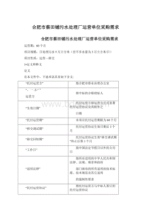 合肥市蔡田铺污水处理厂运营单位采购需求Word下载.docx