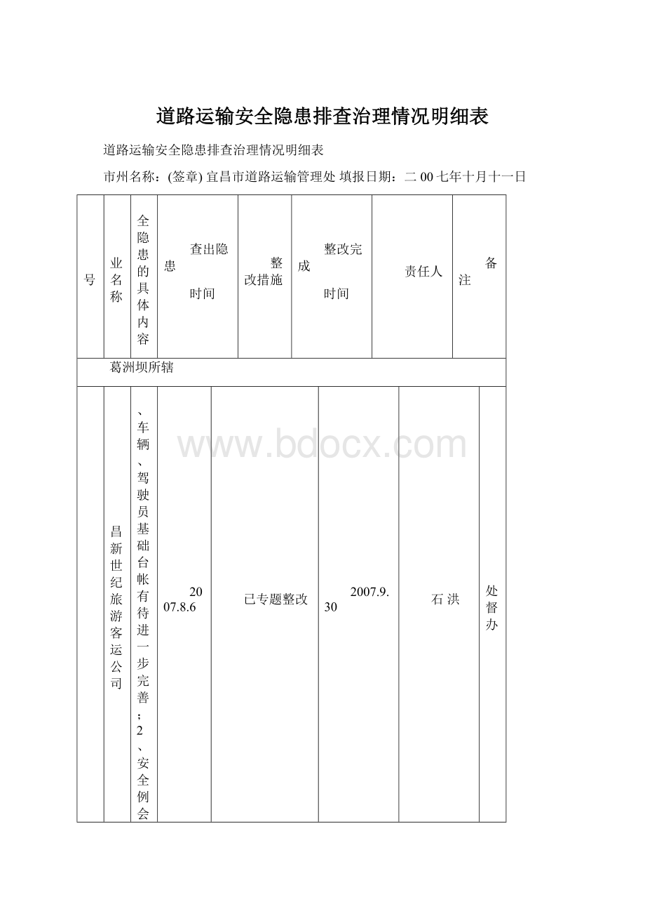 道路运输安全隐患排查治理情况明细表Word下载.docx