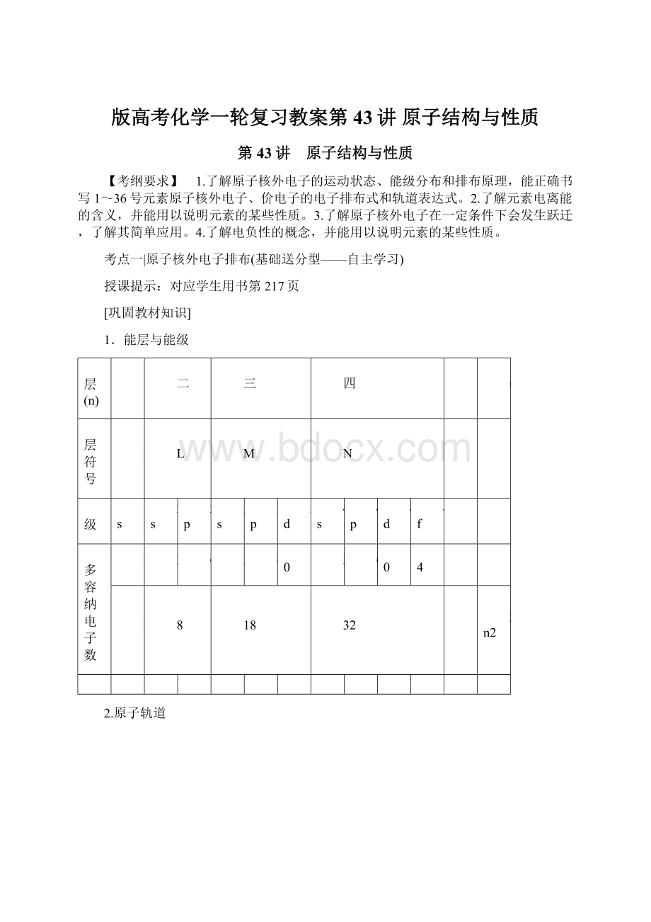 版高考化学一轮复习教案第43讲 原子结构与性质Word格式文档下载.docx