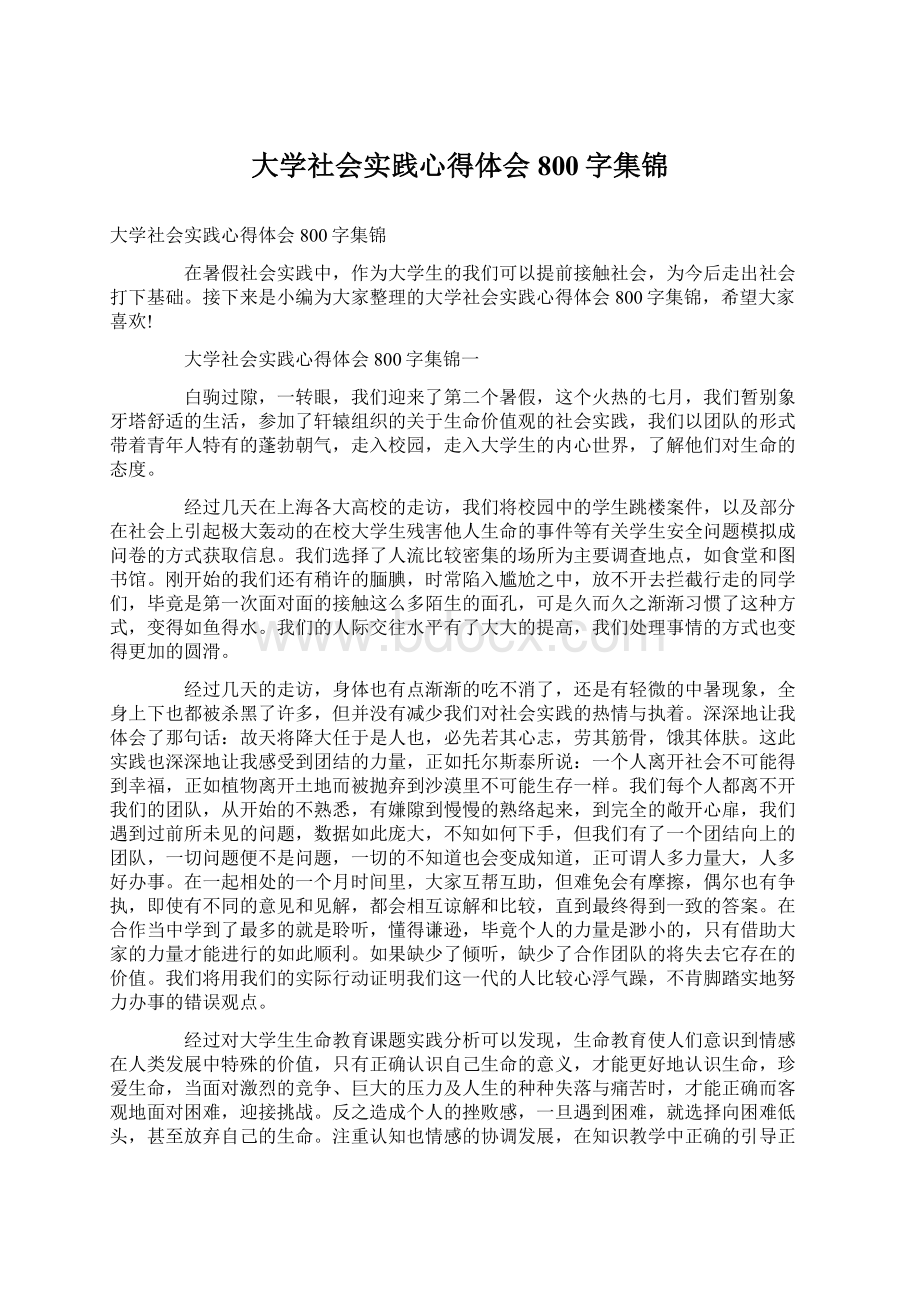 大学社会实践心得体会800字集锦Word文档下载推荐.docx