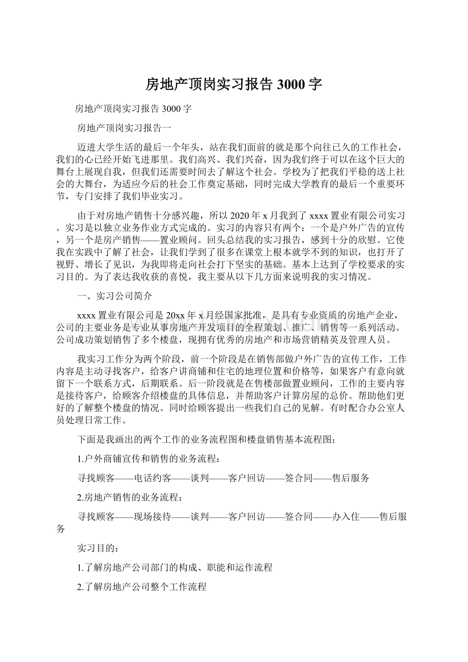 房地产顶岗实习报告3000字Word格式.docx