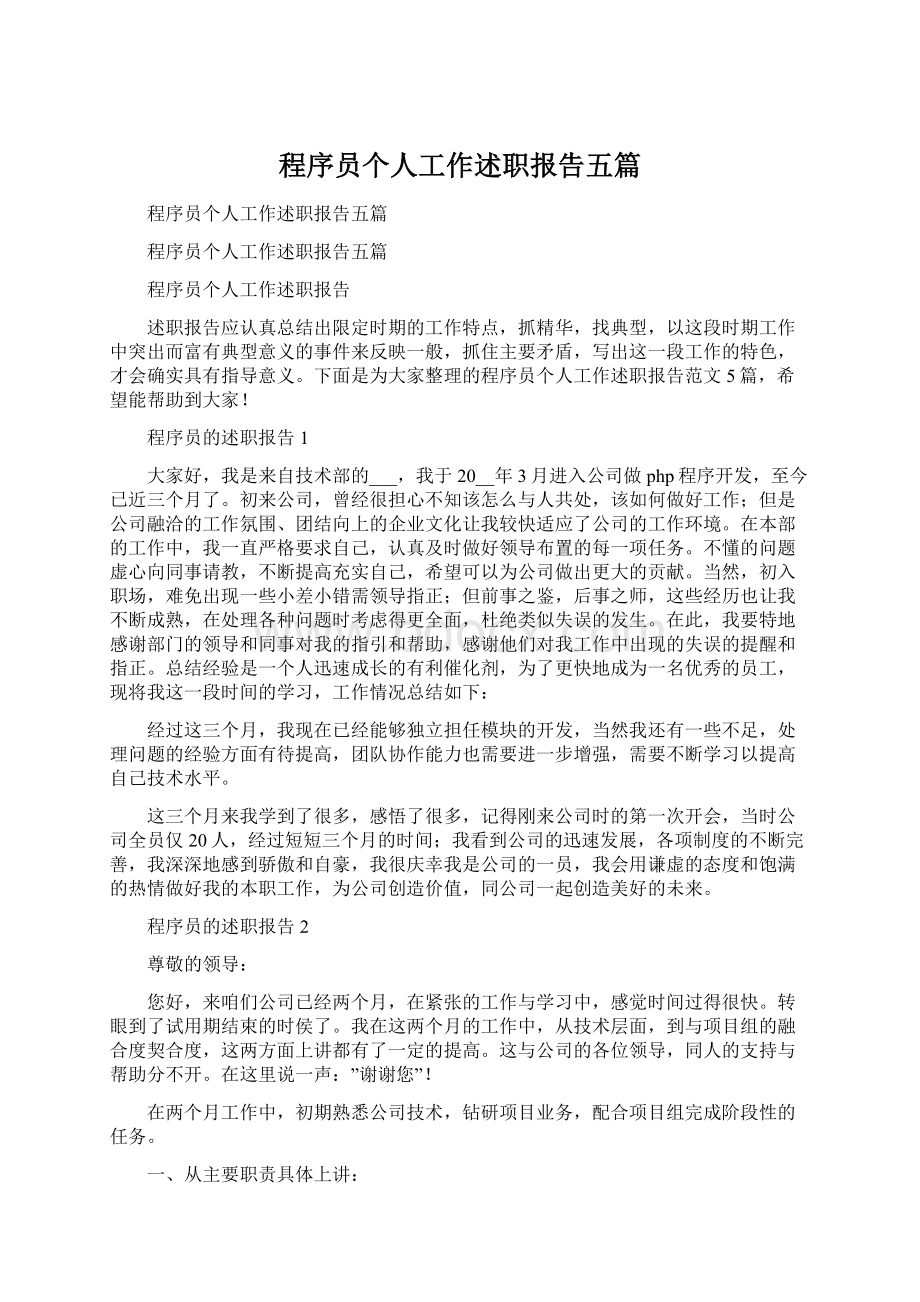 程序员个人工作述职报告五篇Word文件下载.docx