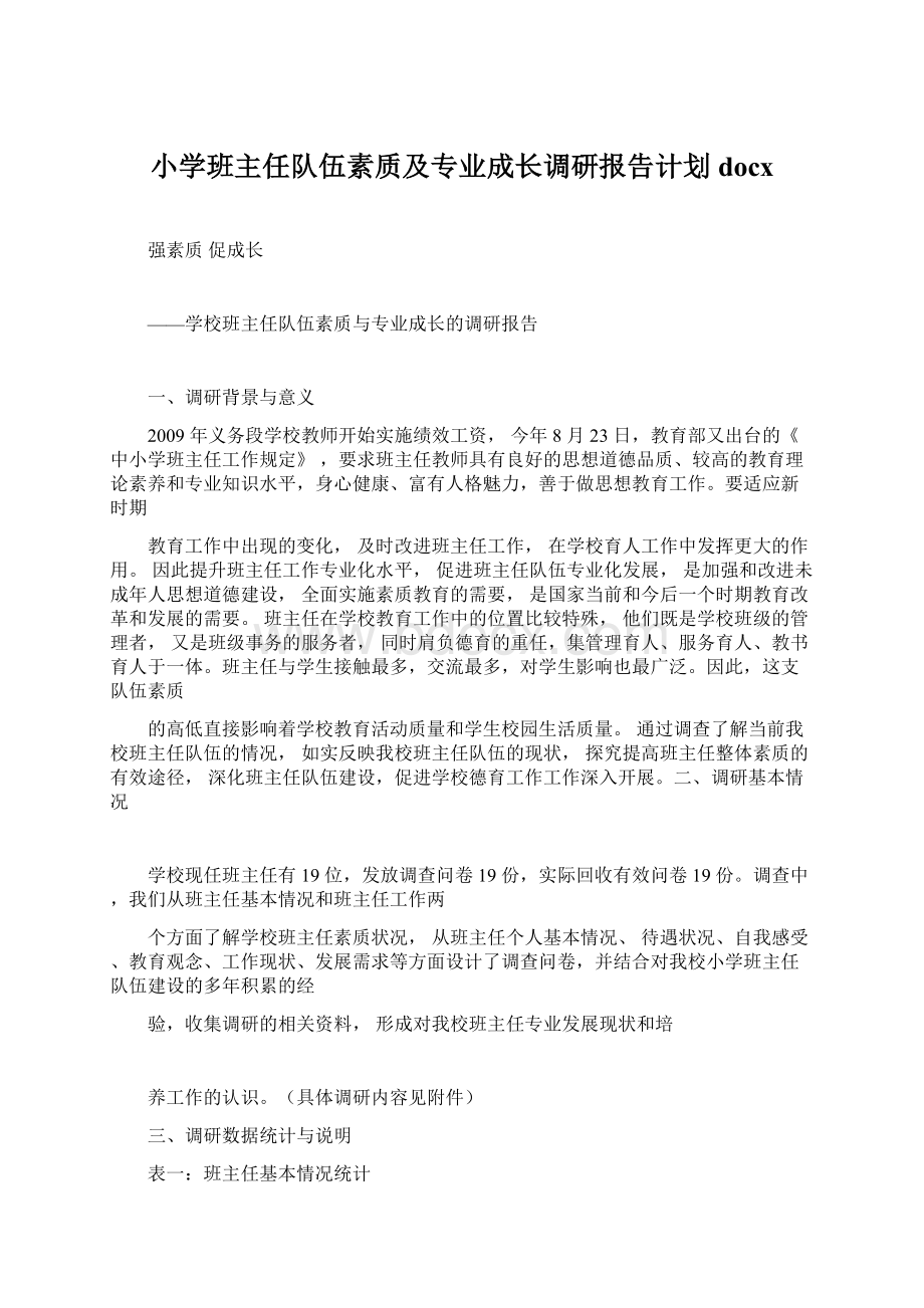 小学班主任队伍素质及专业成长调研报告计划docx.docx_第1页