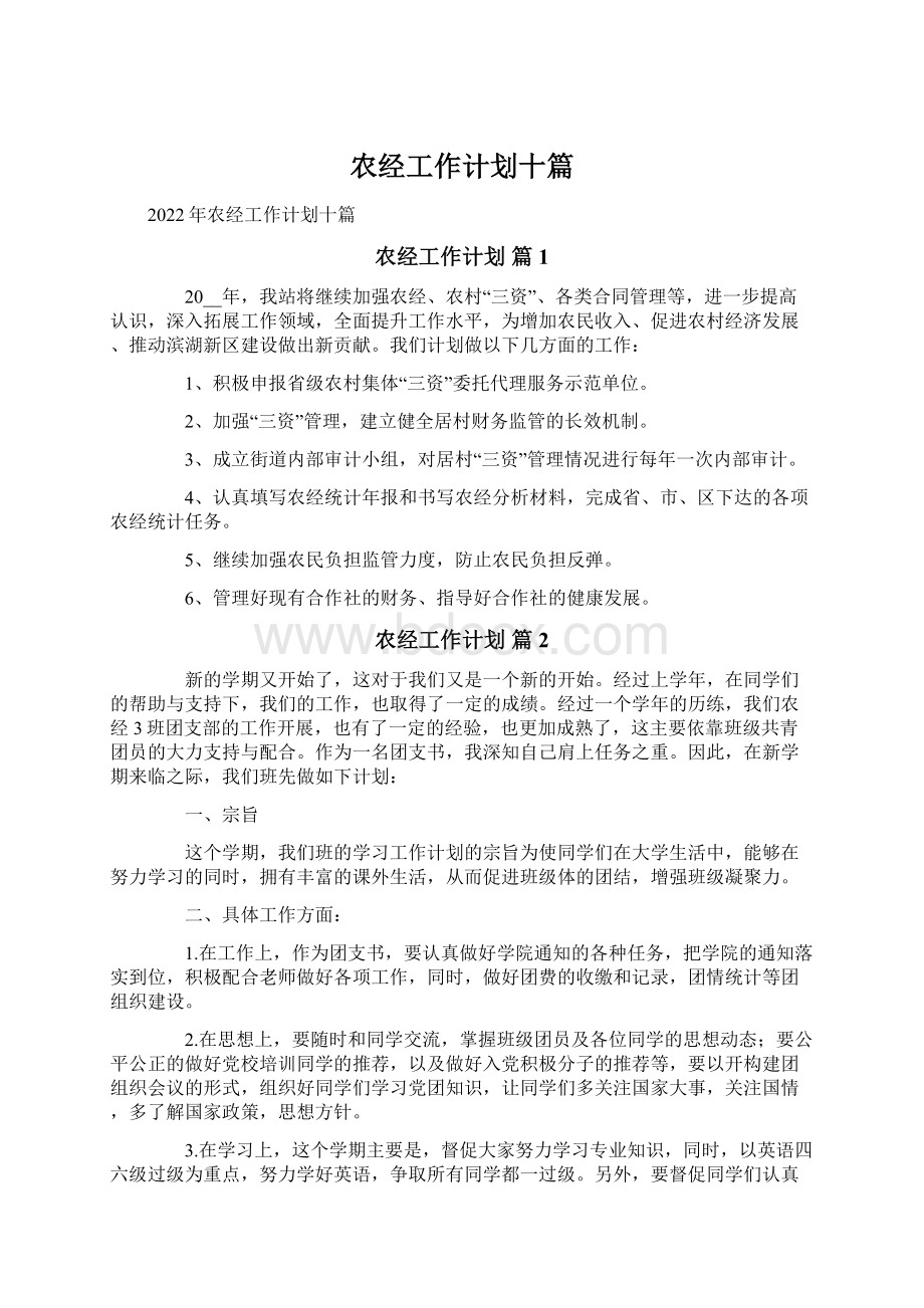 农经工作计划十篇Word文档下载推荐.docx