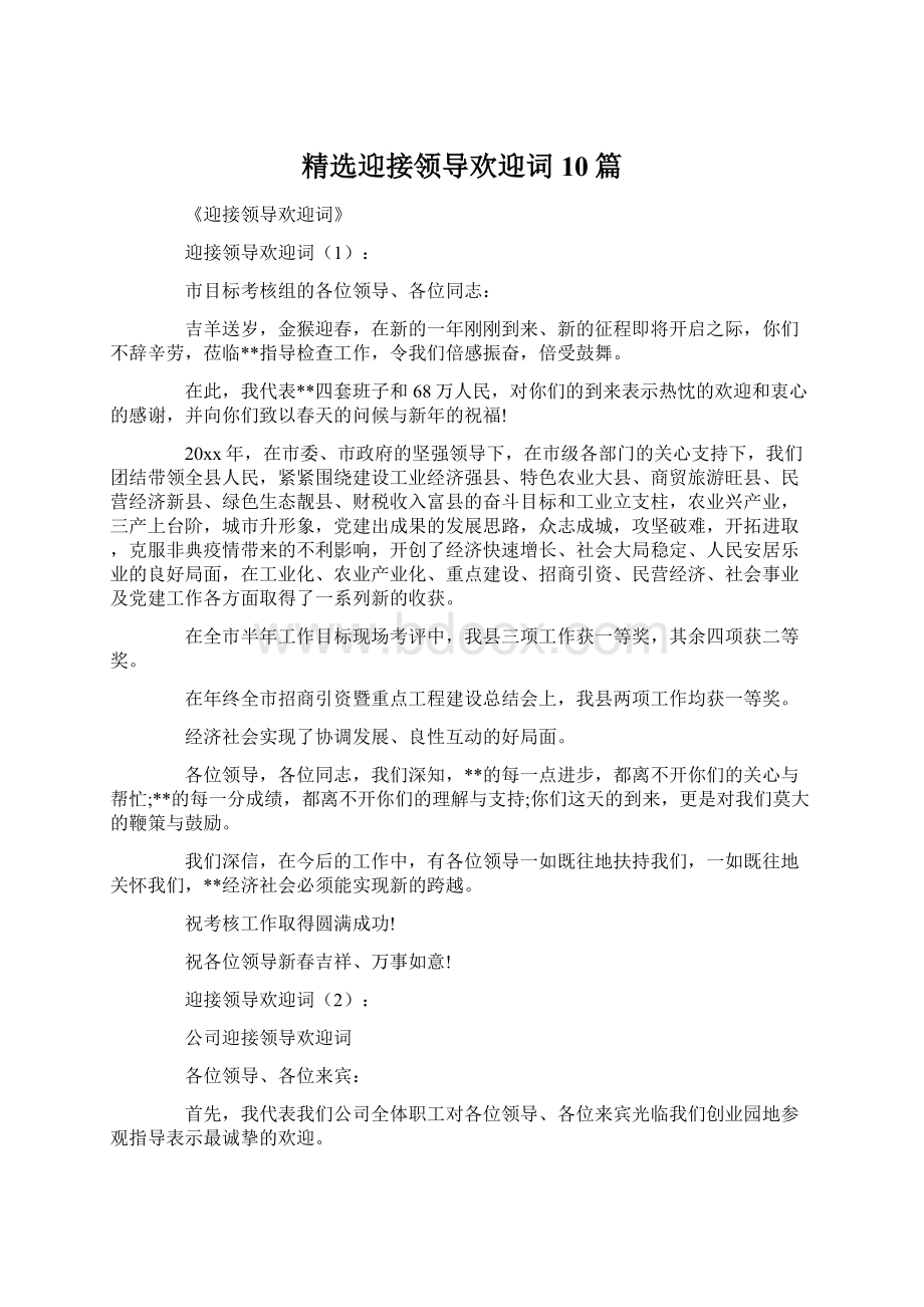 精选迎接领导欢迎词10篇文档格式.docx_第1页