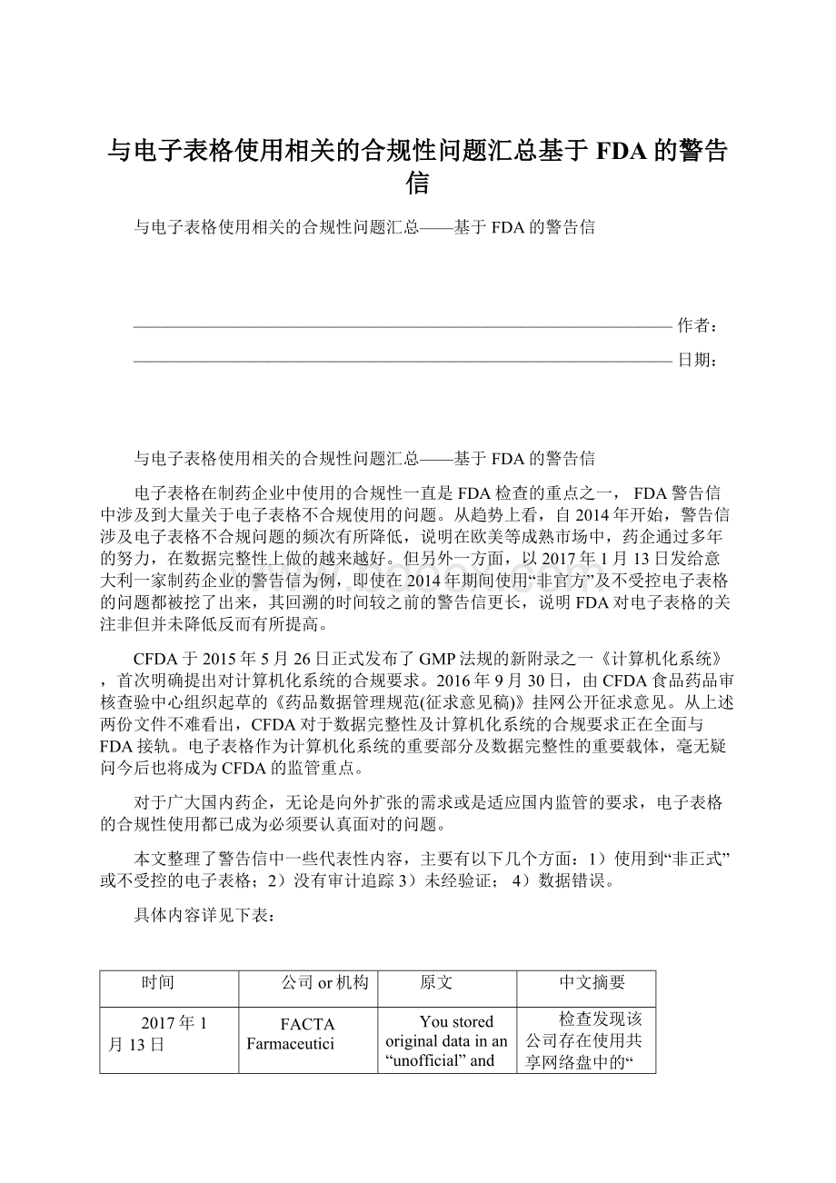 与电子表格使用相关的合规性问题汇总基于FDA的警告信.docx_第1页