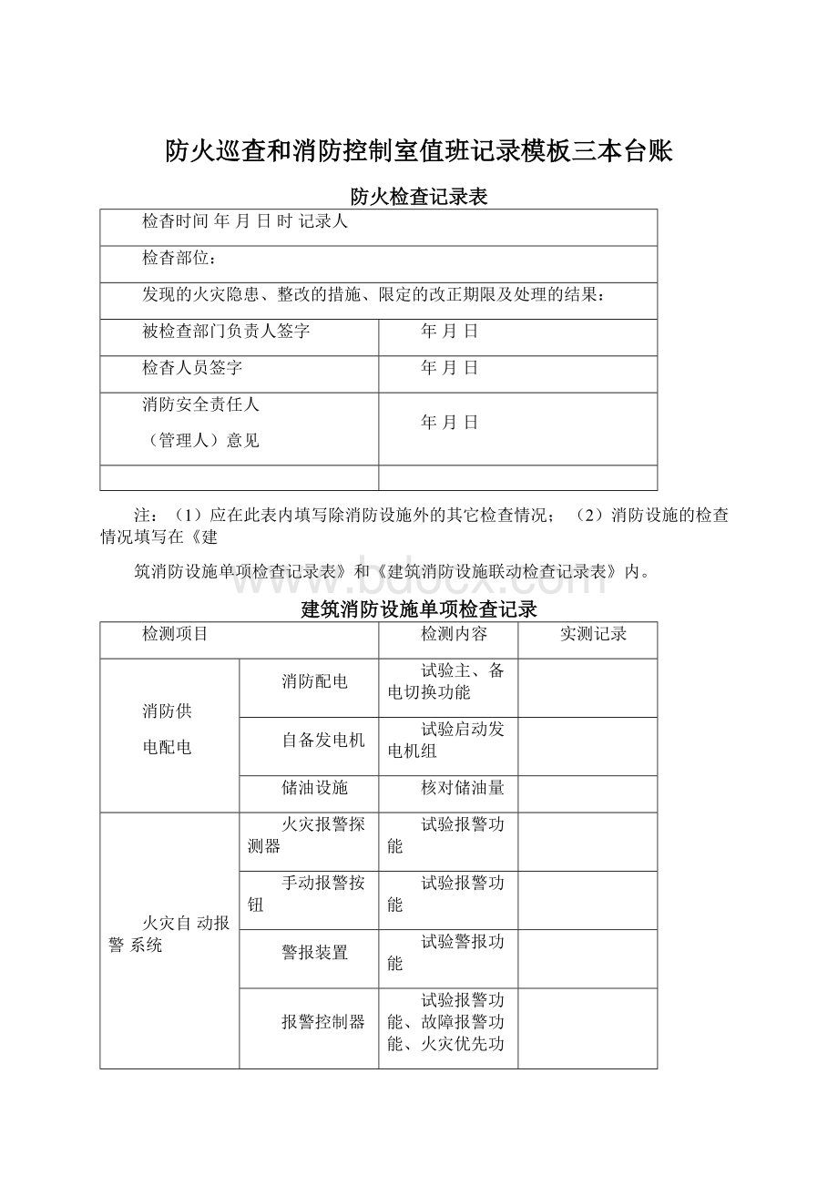 防火巡查和消防控制室值班记录模板三本台账Word文件下载.docx