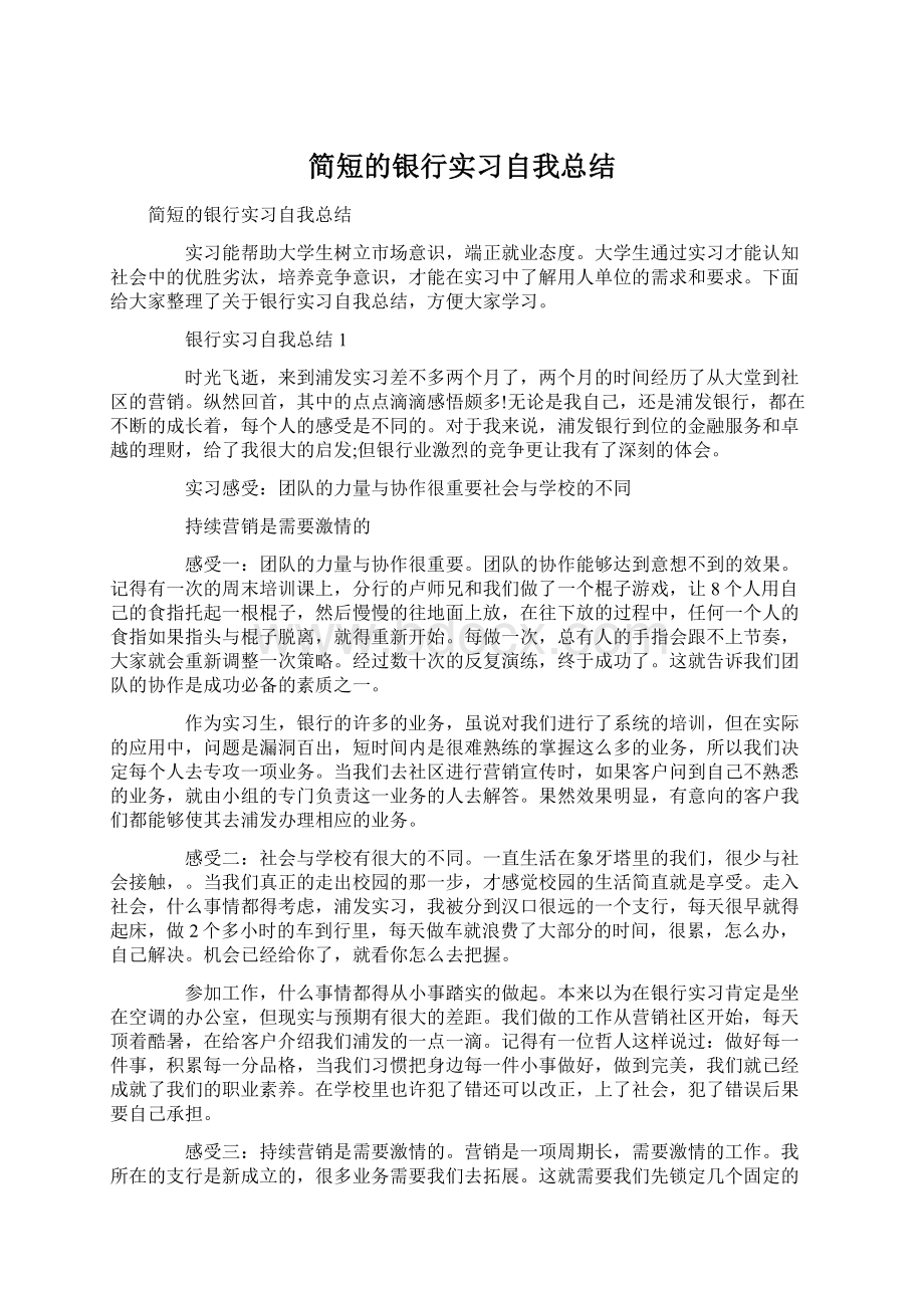 简短的银行实习自我总结Word格式文档下载.docx