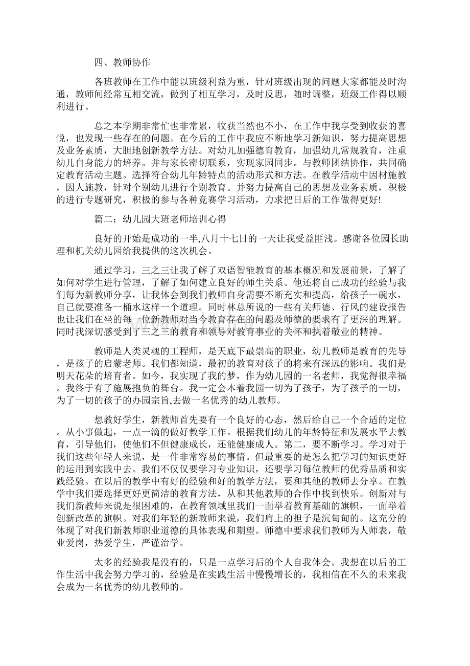 心得体会 幼儿园大班老师培训心得3篇Word文档下载推荐.docx_第2页