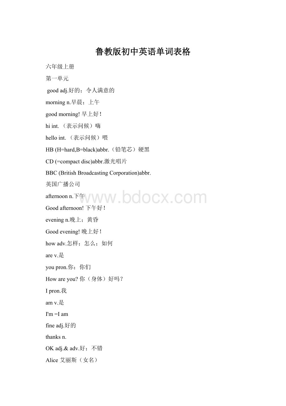 鲁教版初中英语单词表格Word文档下载推荐.docx_第1页