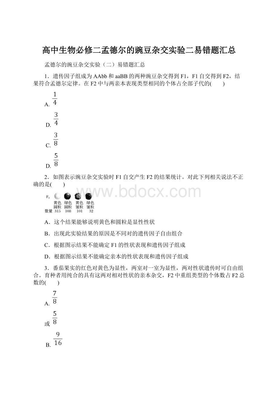 高中生物必修二孟德尔的豌豆杂交实验二易错题汇总Word格式文档下载.docx