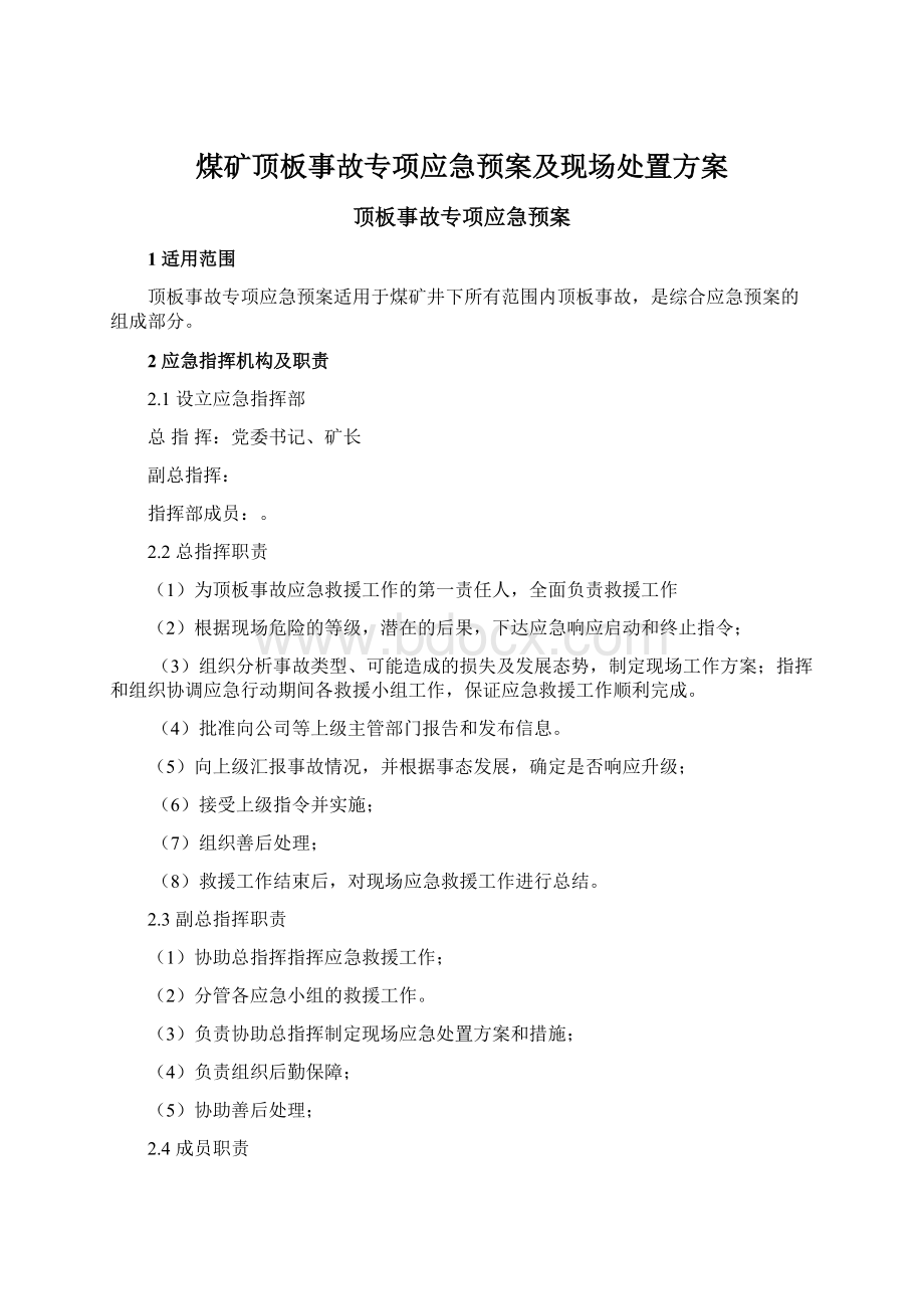 煤矿顶板事故专项应急预案及现场处置方案文档格式.docx