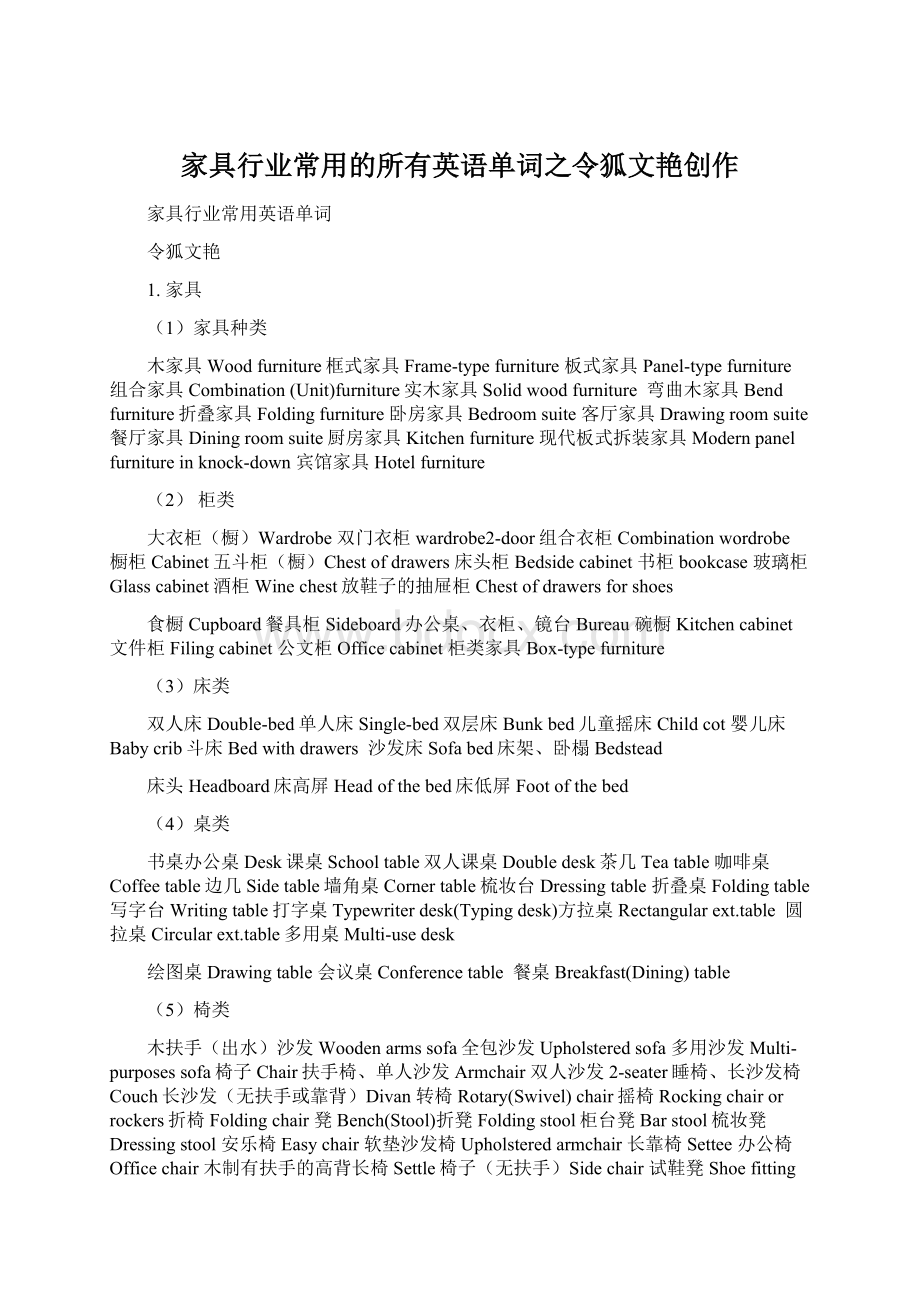 家具行业常用的所有英语单词之令狐文艳创作文档格式.docx_第1页