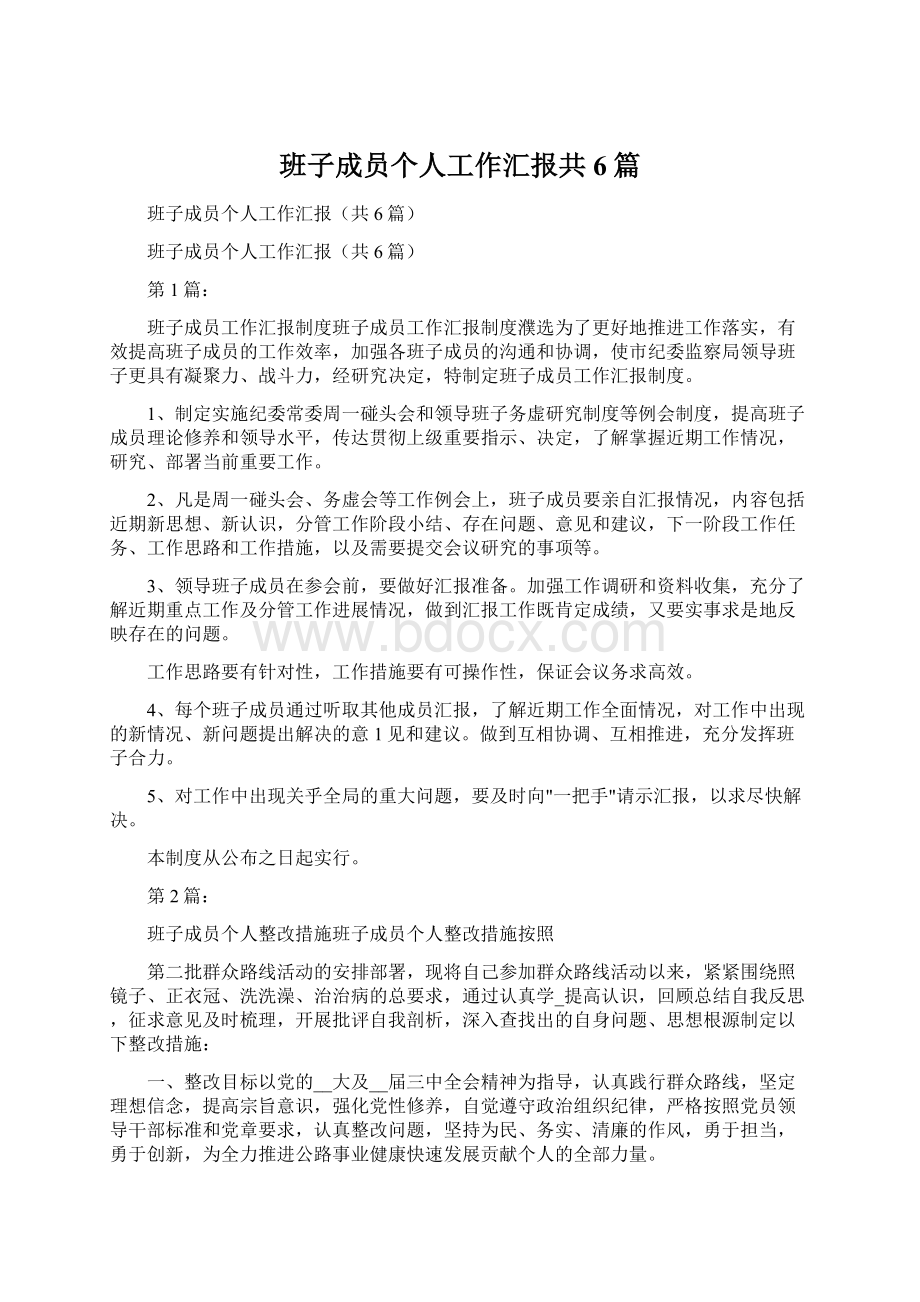 班子成员个人工作汇报共6篇文档格式.docx