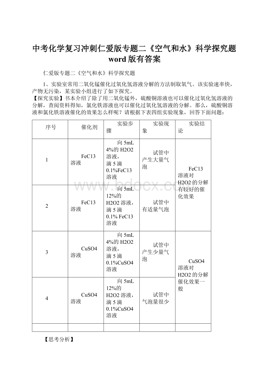 中考化学复习冲刺仁爱版专题二《空气和水》科学探究题word版有答案Word文档格式.docx_第1页