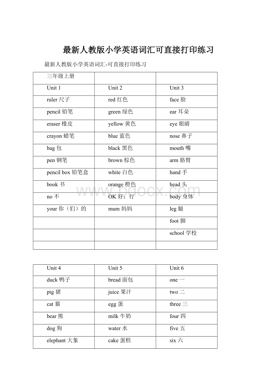 最新人教版小学英语词汇可直接打印练习Word下载.docx_第1页