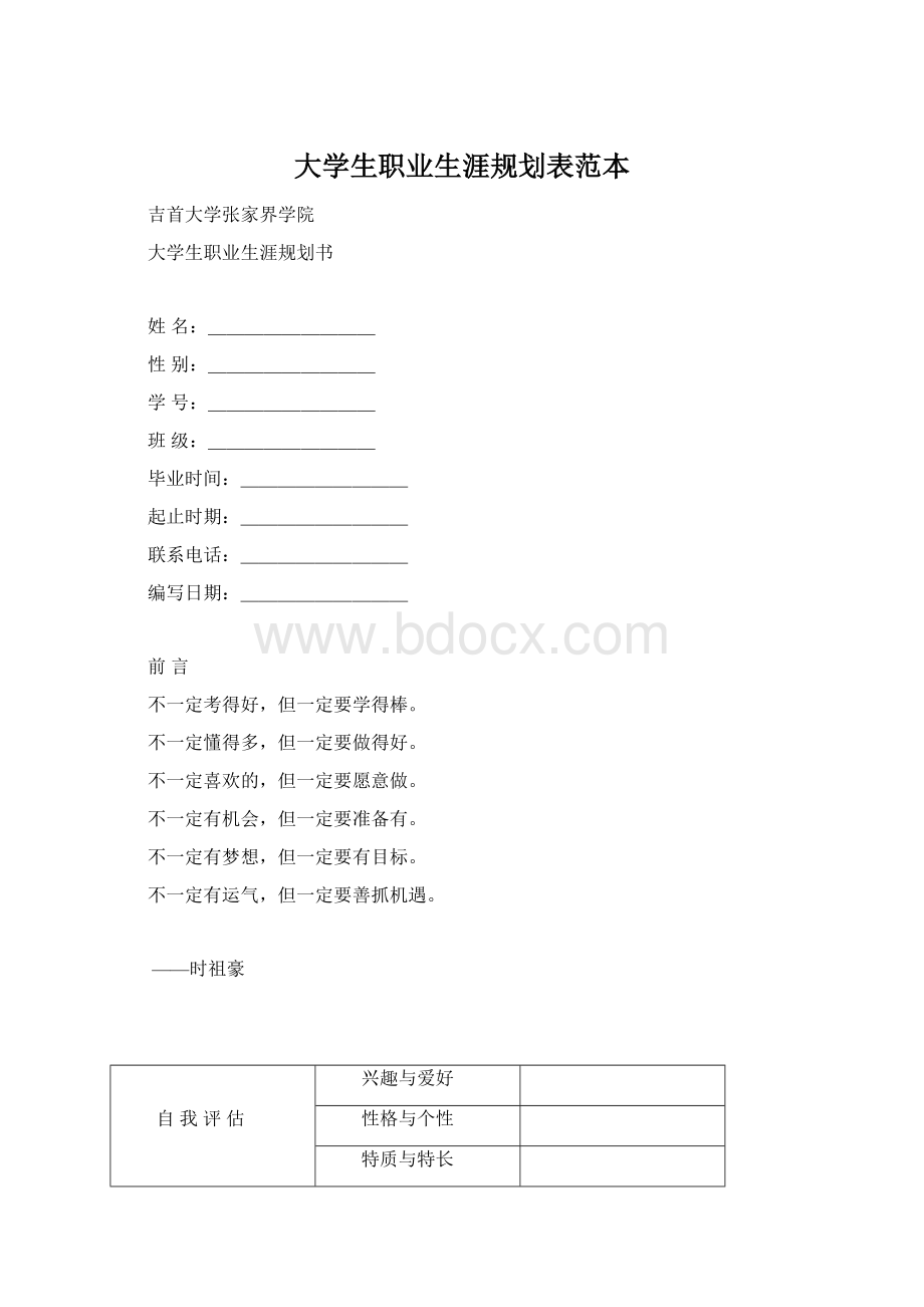 大学生职业生涯规划表范本文档格式.docx