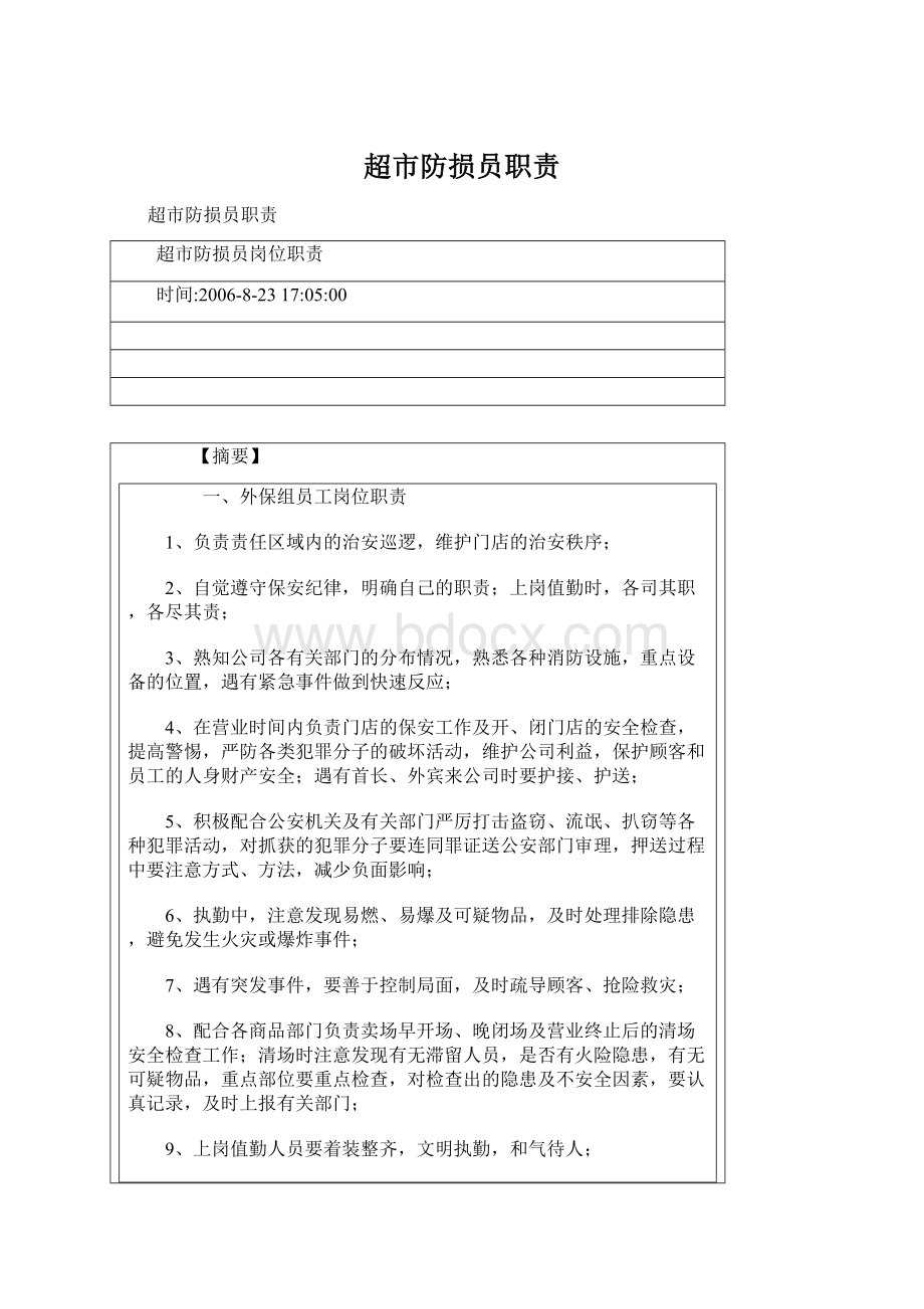 超市防损员职责Word文档格式.docx