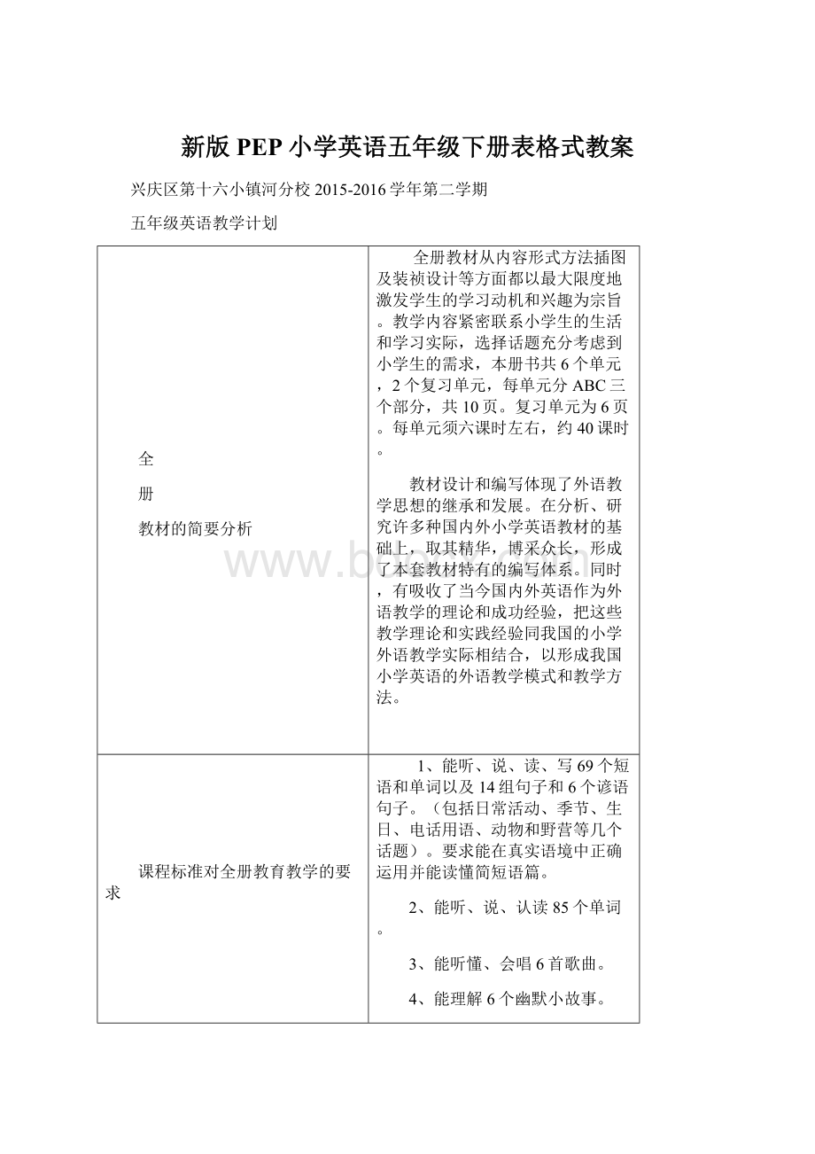 新版PEP小学英语五年级下册表格式教案.docx