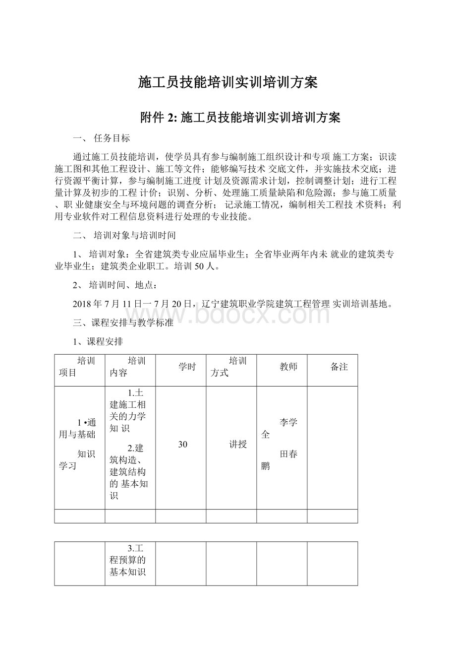 施工员技能培训实训培训方案Word文档格式.docx