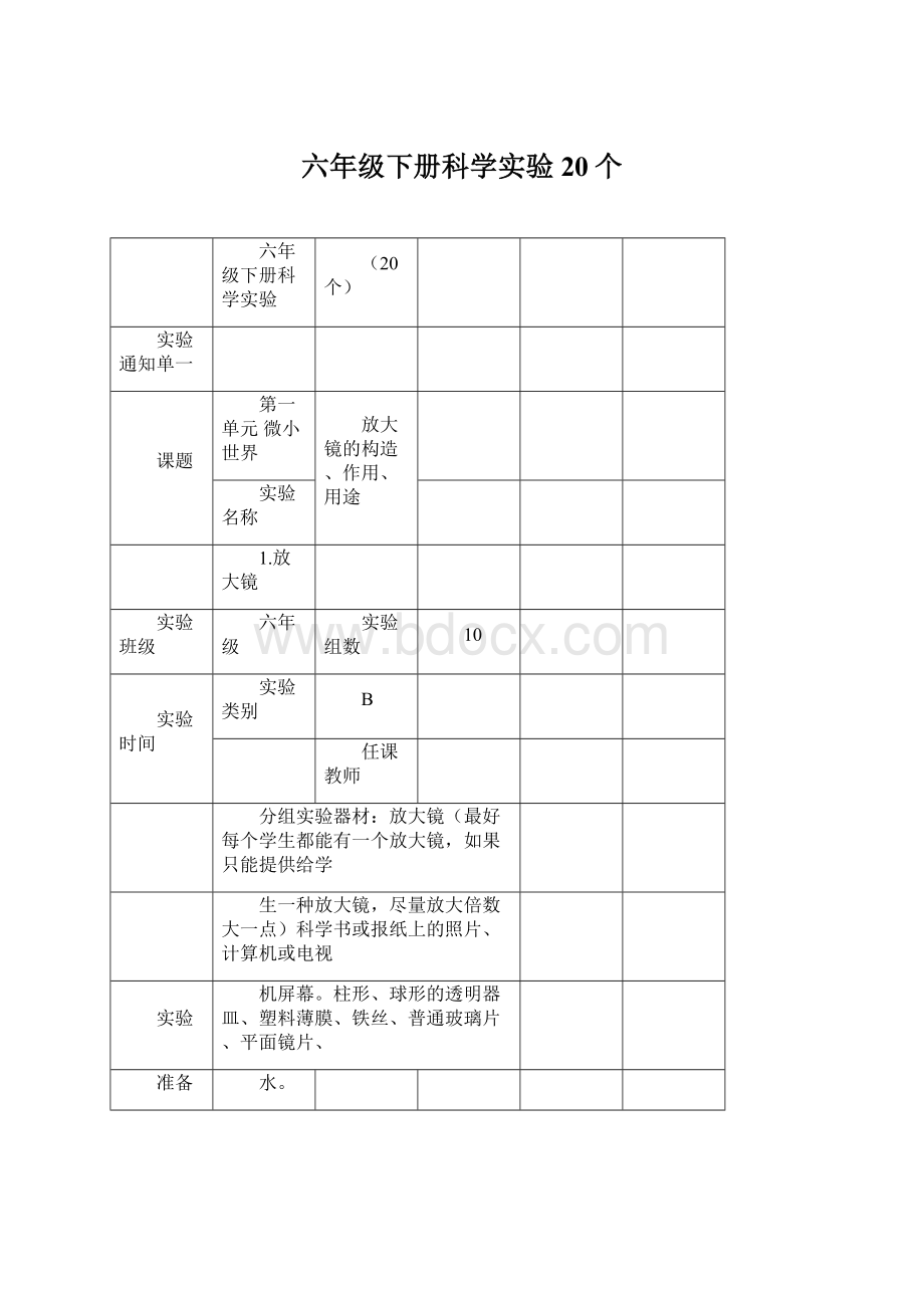 六年级下册科学实验20个.docx