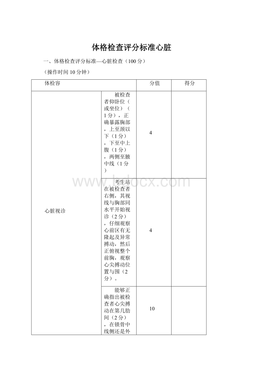 体格检查评分标准心脏Word文档下载推荐.docx