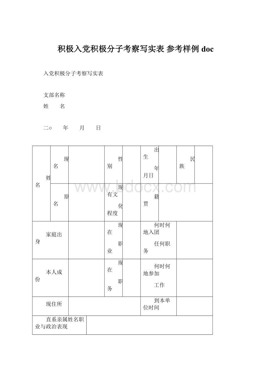 积极入党积极分子考察写实表 参考样例docWord文档格式.docx