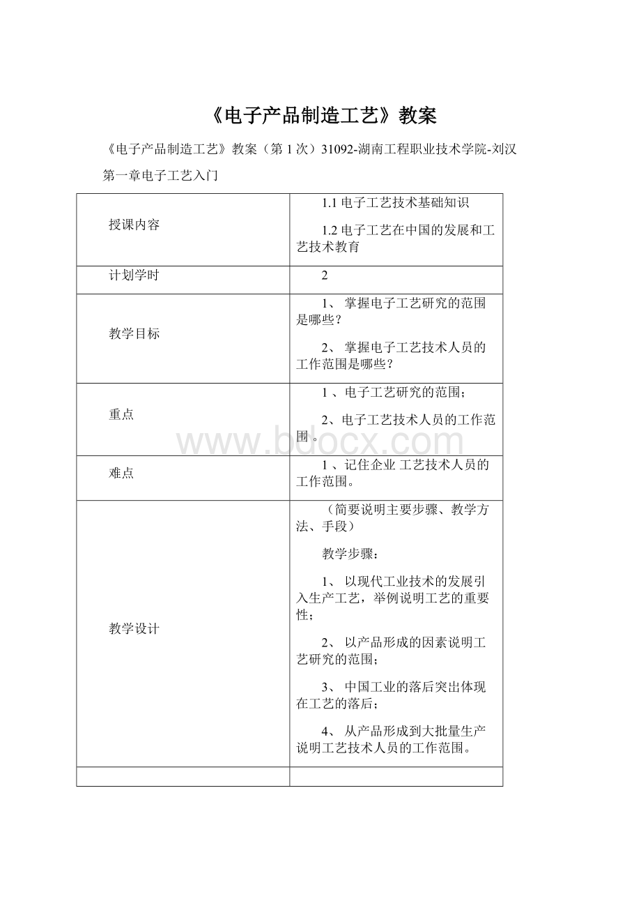 《电子产品制造工艺》教案Word格式文档下载.docx_第1页