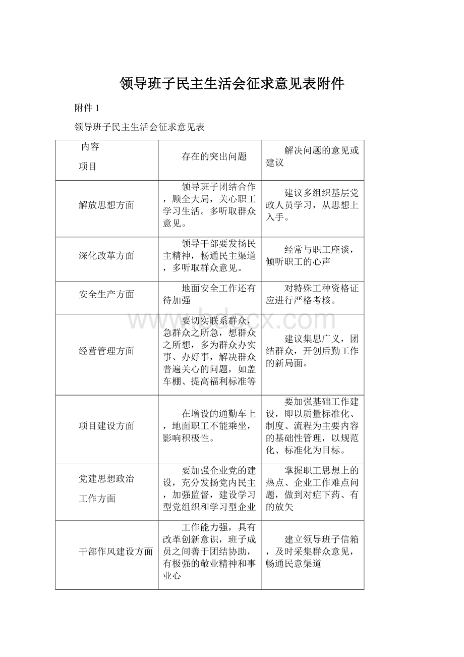 领导班子民主生活会征求意见表附件.docx