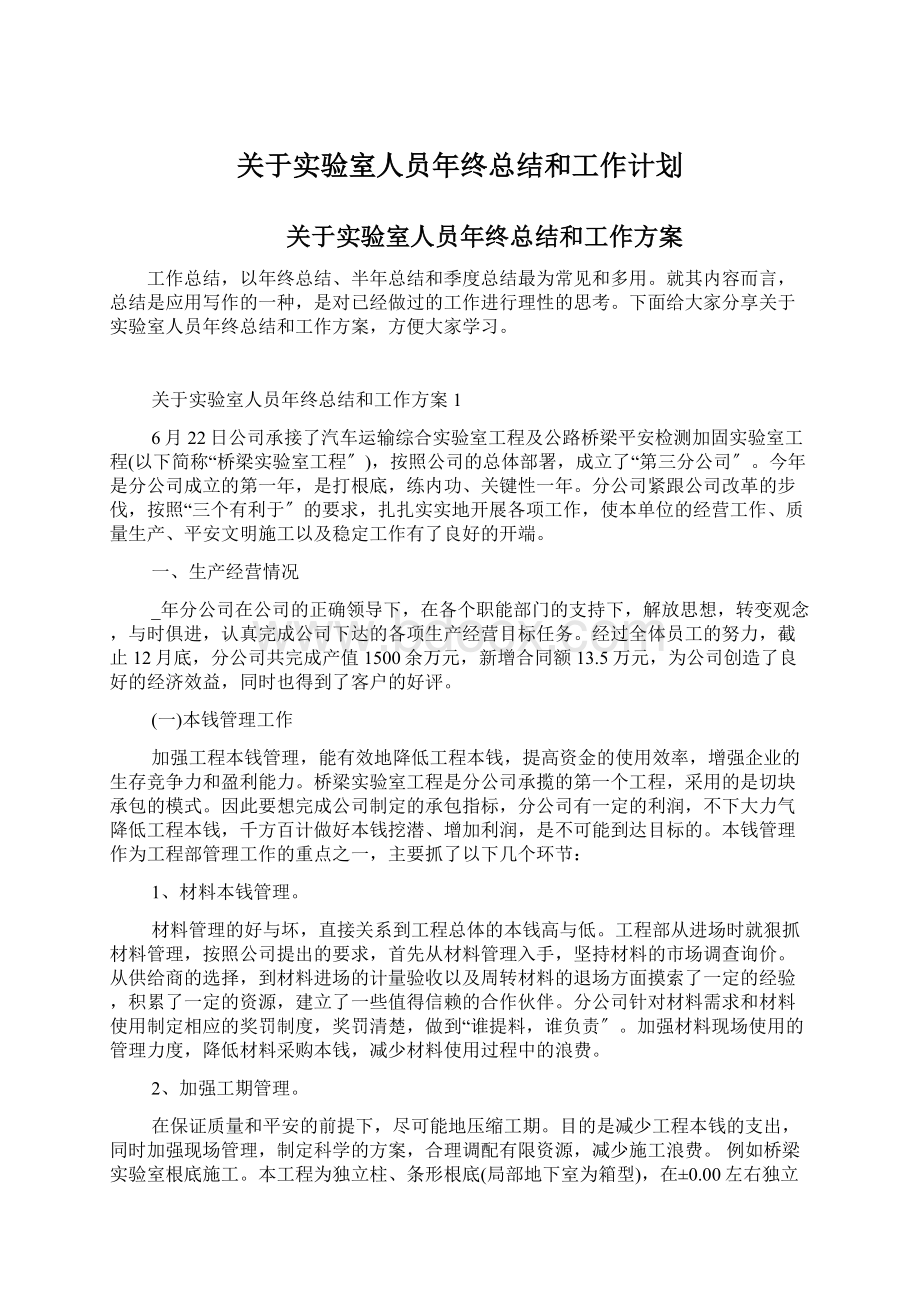 关于实验室人员年终总结和工作计划Word文档下载推荐.docx